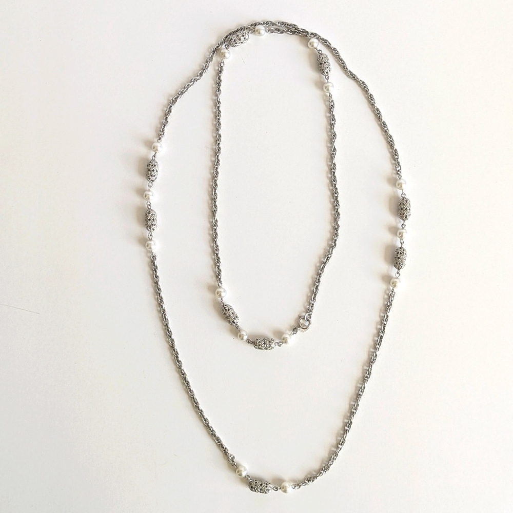 Sarah Coventry 53" Opera Length Necklace Rolo Chain Faux Pearls Silver Tone